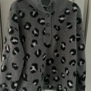 LOFT Gray and Black Leopard Teddy Jacket sz Large NWOT
